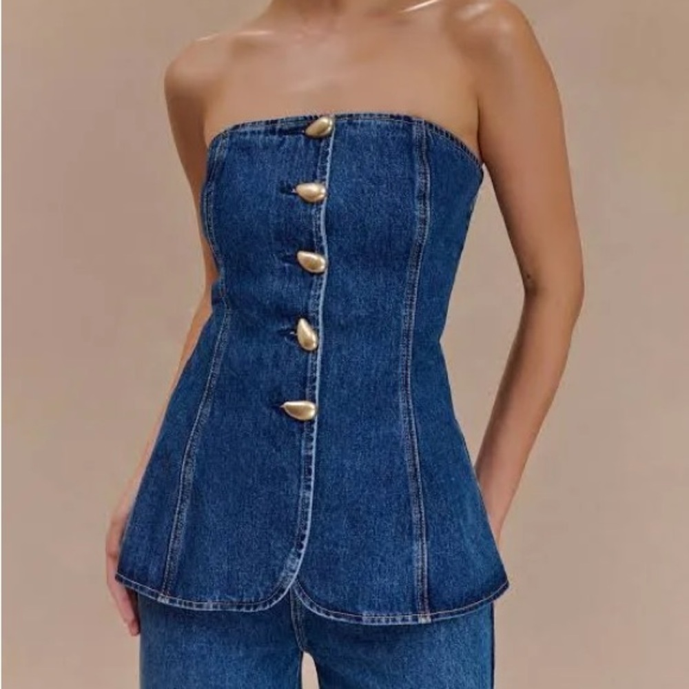 Meshki Strapless Blue Denim Top with Gold Buttons